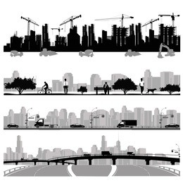 vector illustration.city skyline.construction ,park and highway silhouette