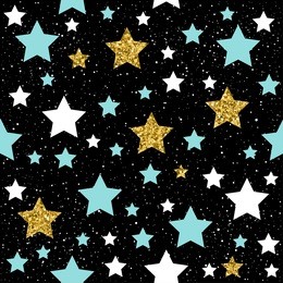 star seamless background. gold, blue and white star. abstract childish star pattern for christmas card, new year invitation, wedding album, book, scrapbook, textile fabric, garment, t-shirt. 