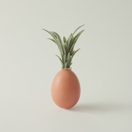 egg with pineapple leaves on bright white background. minimal food concept.