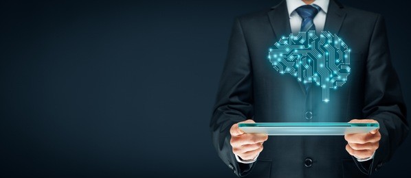 artificial intelligence (ai), machine deep learning, neural networks and another computer technologies concepts. brain representing artificial intelligence with printed circuit board (pcb) design.