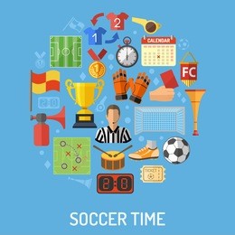 soccer and football concept with flat icons referee, ball, stadium and trophy, isolated vector illustration