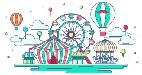flat line amusement park or theme park graphic design in creative advertising banner background. flat amusement park with entertainment concept in isolated background, create by vector