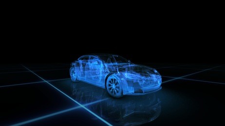 sport car wire model with blue neon ob black background. 3d render