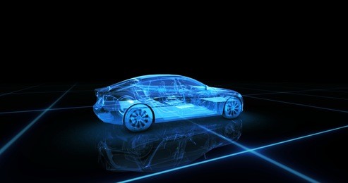 sport car wire model with blue neon ob black background. 3d render