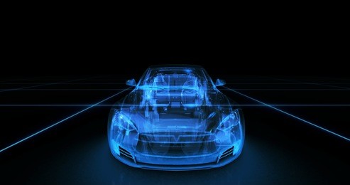 sport car wire model with blue neon ob black background. 3d render