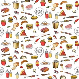 seamless pattern hand drawn doodle fast food icons set. vector illustration. junk food elements collection. cartoon snack sketch symbol: soda, burger, hot dog, pizza, tacos, sushi, sandwich, popcorn