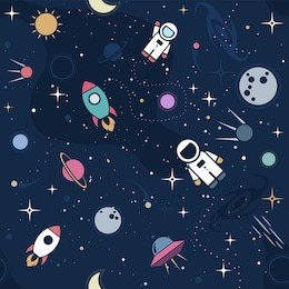 vector flat space seamless pattern background. cute color template with astronaut, spaceship, rocket, moon, black hole, stars in outer space
