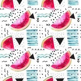 abstract watercolor summer background: watermelon, triangle, brush stroke, doodle, paper texture. water color painting and ink scribble seamless pattern. hand painted illustration in memphis style