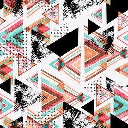 abstract watercolor triangle seamless pattern on grey. triangles with aztec ornament, doodle, watercolor, grunge textures. background with ethnic, tribal elements. hand painted illustration