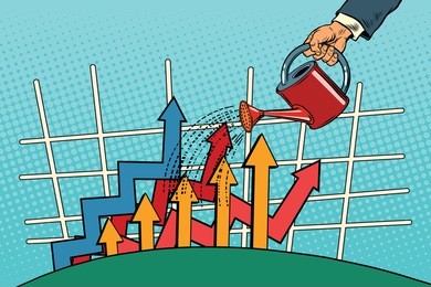 businessman watered arrow growth chart from a watering can. vintage pop art retro vector. startup and business incubator