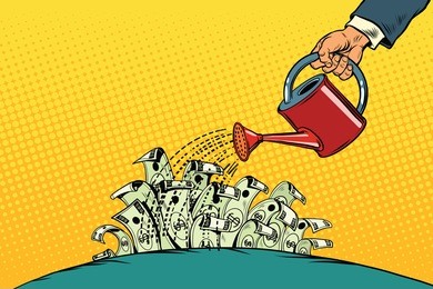 businessman watered money dollars from a watering can. vintage pop art retro vector. startup and business incubator