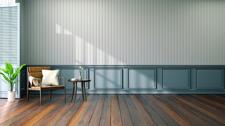 vintage room interior design ,leather armchair on wood floor and blue wall / 3d render