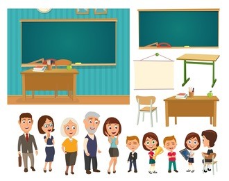 interior of classroom with desk, blackboard, chipboard, chair and people. color vector flat illustration isolated on white background.