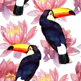 watercolor illustration of toucan seamless pattern on lotus background