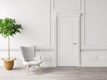 classic white interior with chair and plant 3d illustration