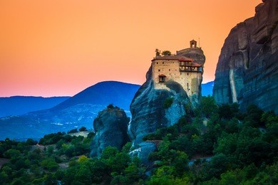 monastery in the mountains. dawn in the mountains of meteora.