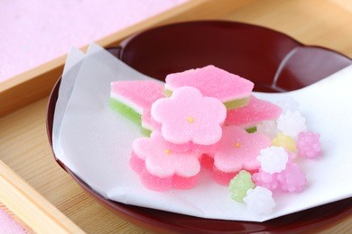 japanese confectionery for dolls' festival on lacquered plate