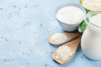 dairy products on stone table. sour cream, milk, cheese, yogurt and curd. view with copy space