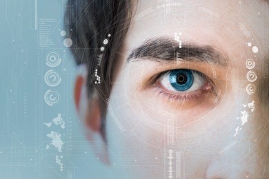 man's eye and technological concept, smart contact lens