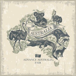 animals on the map of australia, vintage, illustration, vector