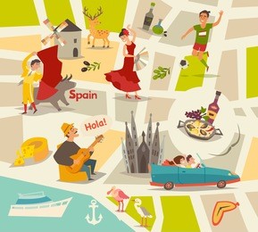 abstract spain vector map. illustrated map of spain for children. cartoon europe atlas with spain landmark. map for children, travel of spain design concept