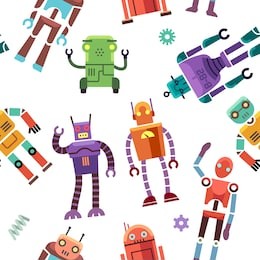 kids toy robot, humanoid, spaceman, cyborg vector. seamless pattern with color toy robot, illustration of robotic machine toys