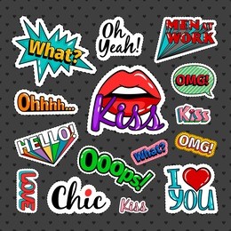 quirky quotes stickers set with woman lips and colorful words on dark background. vector badges and patches collection