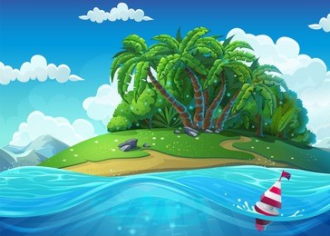float on the background of the island with palm trees in the sea under clouds. marine life landscape - the ocean and the underwater