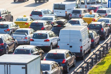 view from above to the city traffic jam