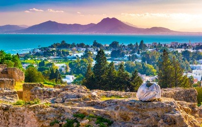 view from hill byrsa with ancient remains of carthage and landscape. tunis, tunisia.