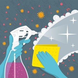 woman's hand holding a yellow rag and cleaning from dirt, microbes, vector flat illustration