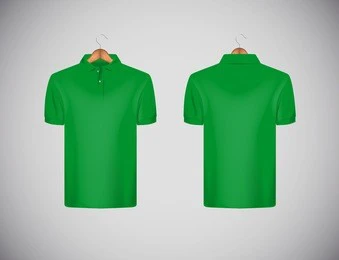 men's slim-fitting short sleeve polo shirt. green polo shirt with wooden hanger isolated mock-up design template for branding.