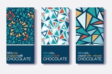 vector set of chocolate bar package designs with vintage geometric mosaic patterns. editable packaging template collection.
