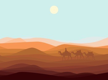 sand desert landscape template with camel caravan going through dunes at day time vector illustration