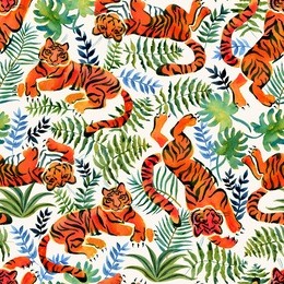 seamless pattern with painted in watercolor tigers and rainforest plants in vintage style