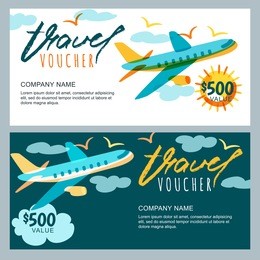vector gift travel voucher template. multicolor flying airplane in the sky. concept for summer vacation, travel agency and sale ticket. banner, coupon, certificate, flyer, ticket layout.