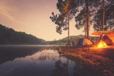 blured image of camping and tent with high iso grained picture under the pine forest in sunset at pang-ung, pine forest park , mae hong son, north of thailand. 