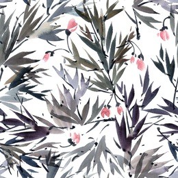 watercolor and ink illustration of blossom tree. sumi-e, u-sin painting. seamless pattern.