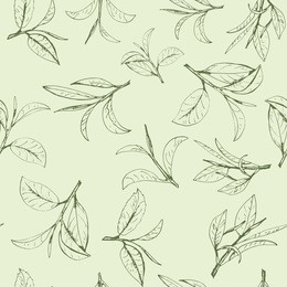 seamless pattern green tea, hand-drawn leaves and branches of tea