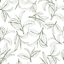 seamless pattern green tea, hand-drawn leaves and branches of tea