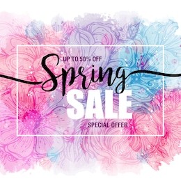 poster spring sales on a floral watercolor background. ?ard, label, flyer, banner design element. vector illustration