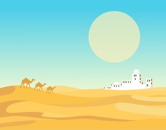 animation landscape of the desert. the caravan of camels goes to the white city. vector illustration, the place for the text.