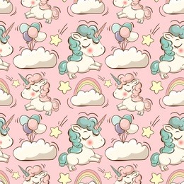 vector pattern with cute unicorns, clouds,rainbow and stars. magic background with little unicorns.