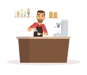 barista in apron in coffee shop pouring milk into a cup. hipster waiter in uniform.
happy cafeteria worker making beverage. cartoon restaurant staff