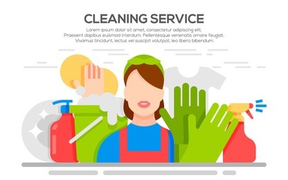 cleaning service flat illustration. poster template for house cleaning services with various cleaning tools