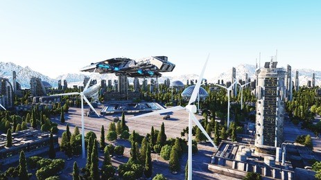 spaceship in a futuristic city, town. the concept of the future. aerial view. 3d rendering.