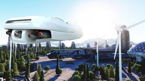 futuristic car flying over the city, town. transport of the future. aerial view. 3d rendering.