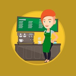 caucasian friendly female barista sanding in front of coffee machine. young barista at coffee shop. barista making a cup of coffee. vector flat design illustration in the circle isolated on background