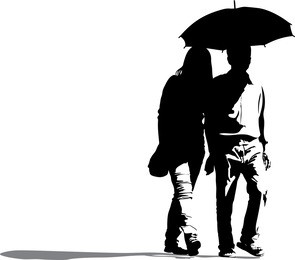 vector silhouette of a couple holding umbrella on a white background, romantic travel vacation. joyful male and female couple lovers walking 