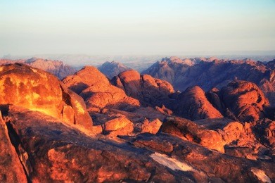 sunrise at the top of mount moses on sinai peninsula in egypt